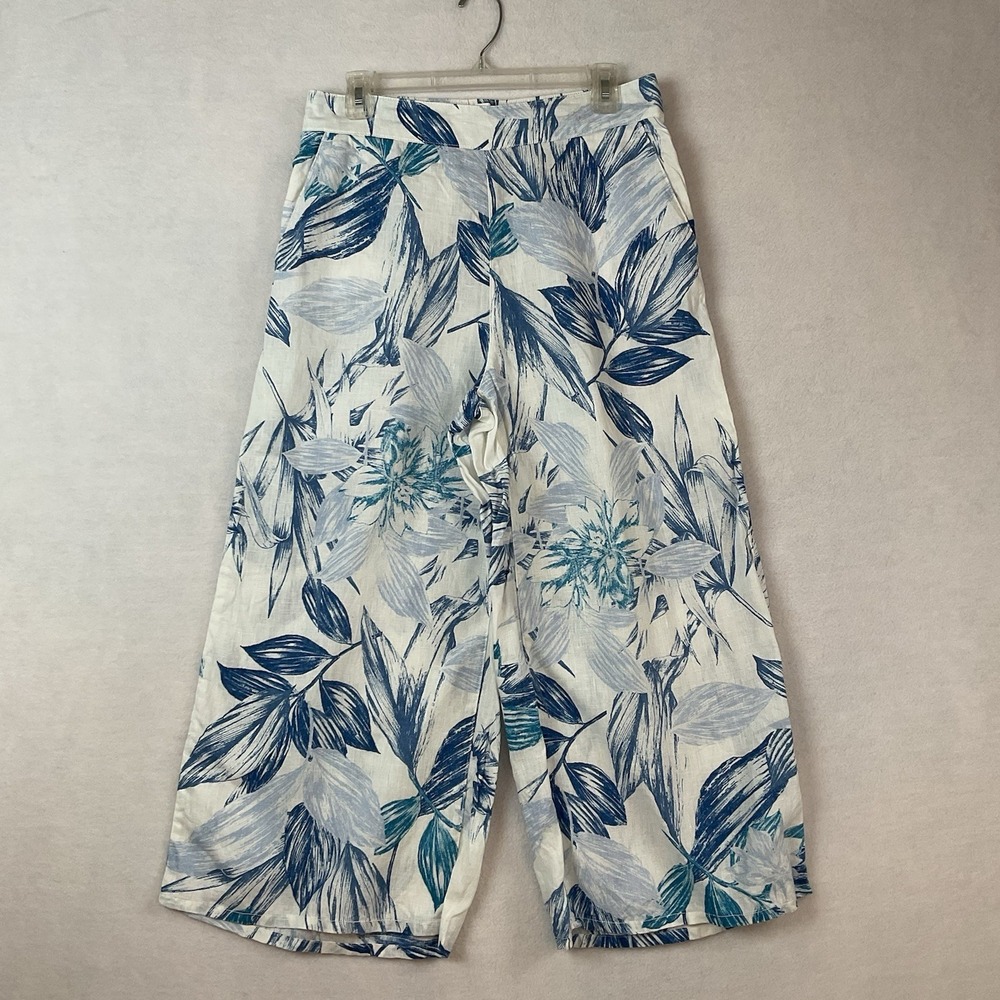 C&C California Linen Pants Womens L Blue Tropical Floral Cropped Flat Front